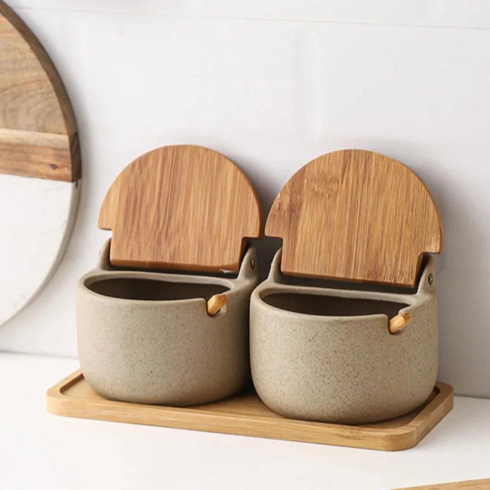 Exquisite Bamboo-Top Ceramic Spice Jars | 2-piece Set