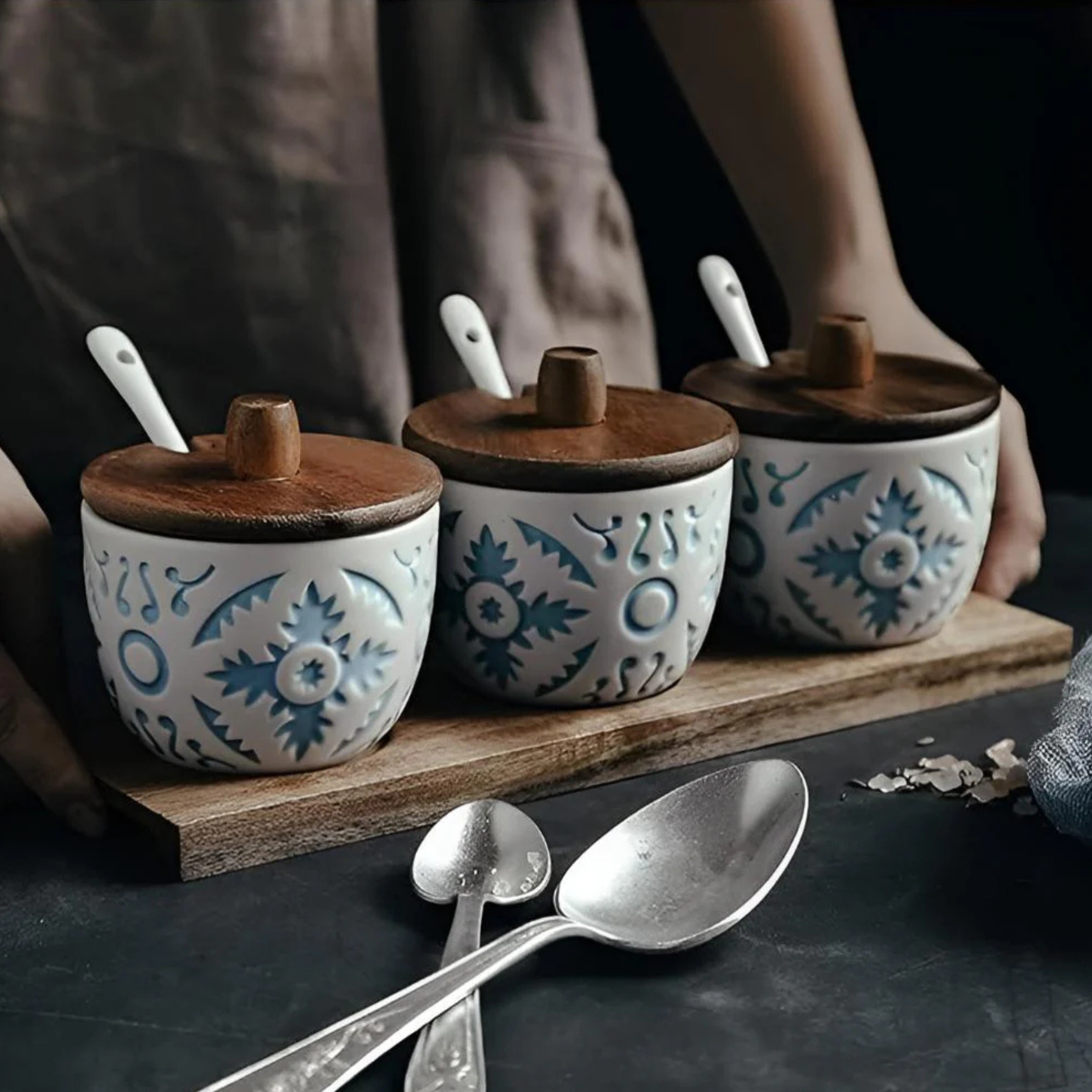 Artistic Bamboo-Lid Ceramic Spice Jars | 3-Piece Set