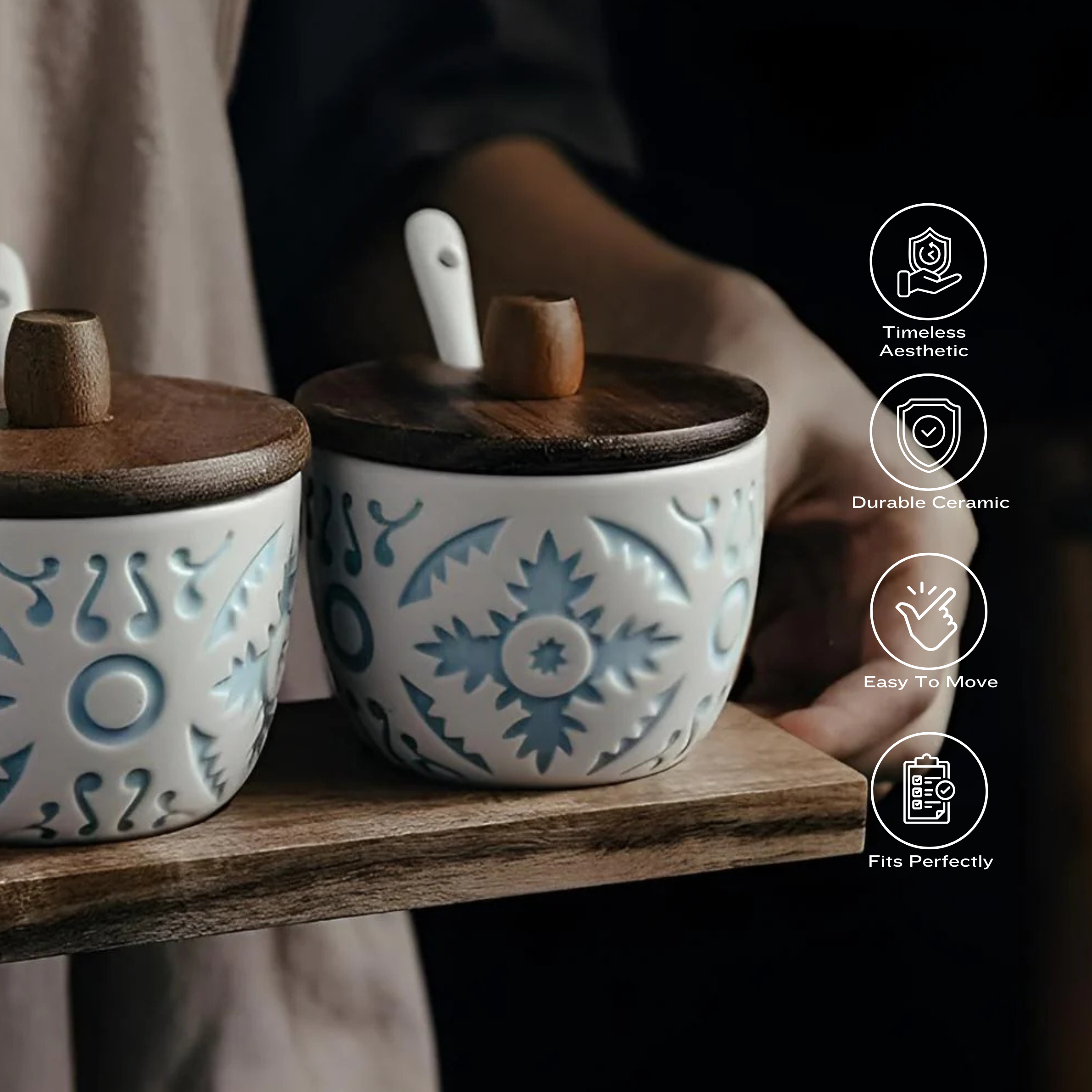 Artistic Bamboo-Lid Ceramic Spice Jars | 3-Piece Set