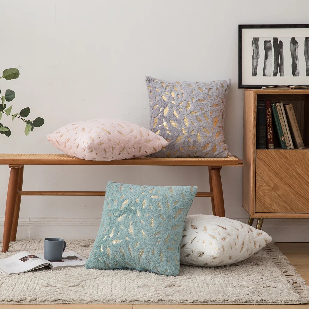 Radiant Golden Feather Cushion Cover