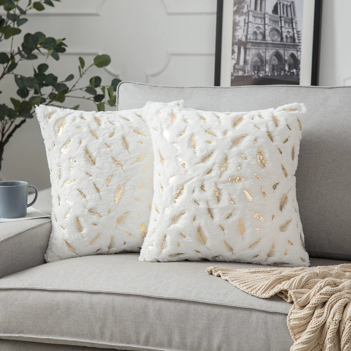 Radiant Golden Feather Cushion Cover