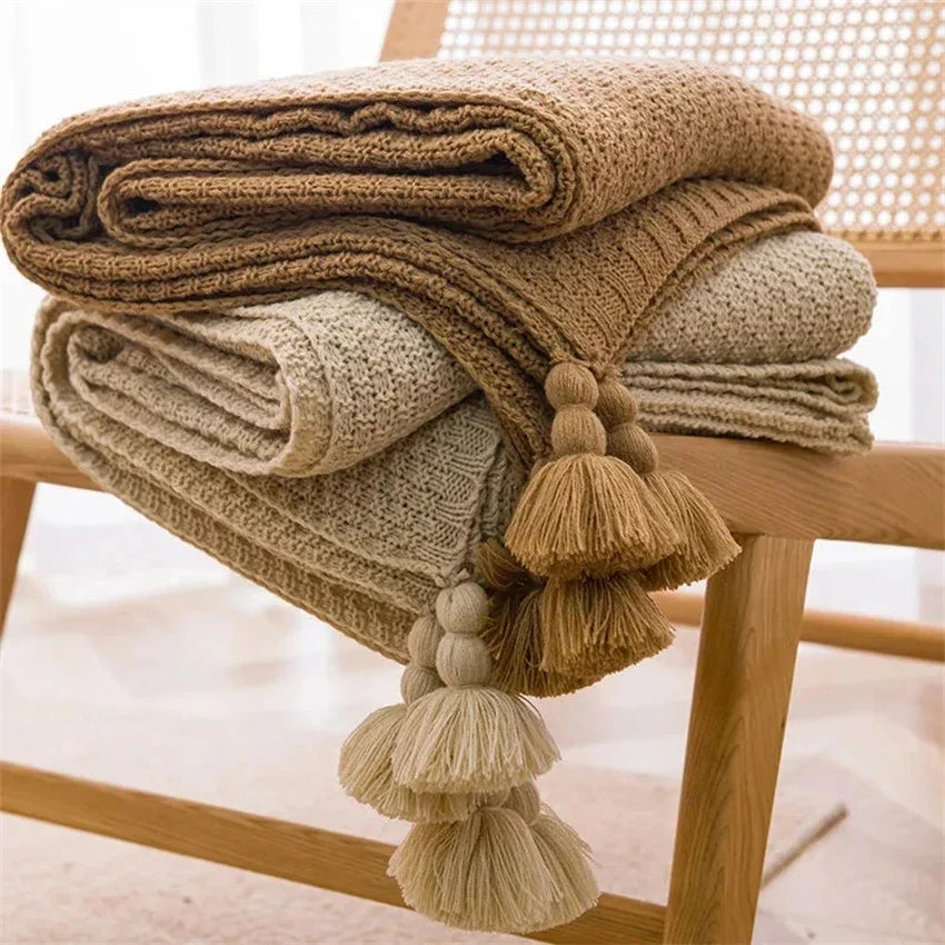 Scandi Soft Knit Tassel Blanket